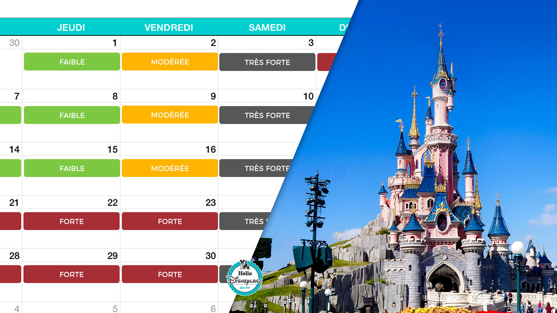 Calendrier d'affluence 2024 2025 à Disneyland Paris, calendrier 2024